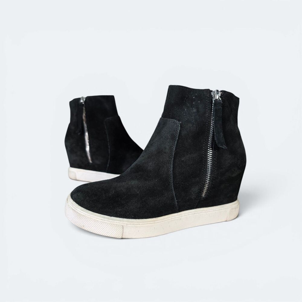 Steve Madden Saidi Black Suede Hidden Wedge Sneaker Booties Zipper Detail